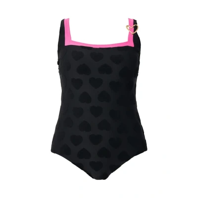 Afbeelding van Ulla Popken Monochrome Heart Print Badpak, Dames, Maat: 42, Black