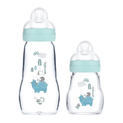 Afbeelding van MAM Baby glazen flessen set van 2 Feel Good vanaf de geboorte 170 ml &amp; 260 ml, Glass Feeding Bottle. blauw