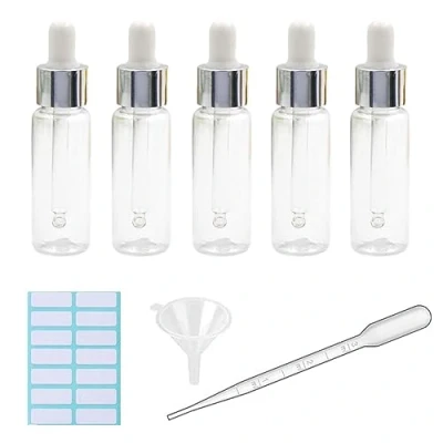Afbeelding van 5 stuks transparante druppelflesjes 20 ml plastic oogdruppelflesjes voor etherische olie pipet navulbaar met gemeten pipet, trechter en etiketten (wit + zilveren dop)
