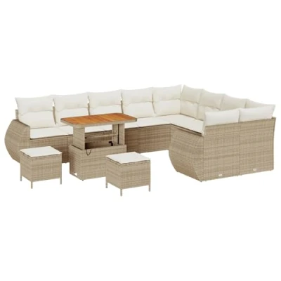 Afbeelding van vidaXL 12 delige Tuinsofa Set met Kussens Beige Poly Rattan Acacia, 3 Tuin Eettafel Acacia