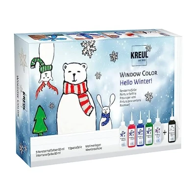 Afbeelding van KREUL 42853 Raamkleurset &quot;Hallo Winter&quot; voor kinderen, complete set met schitterende raamverf, glitterverf en motiefsjablonen