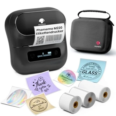 Afbeelding van Phomemo M220 Labelprinter, Bluetooth Thermische Labelmaker, Draagbare Labelprinter voor Kleine Bedrijven, Huishouden, School, Stickerprinter met 3 Rollen Zelfklevende Labels en 1 Etui