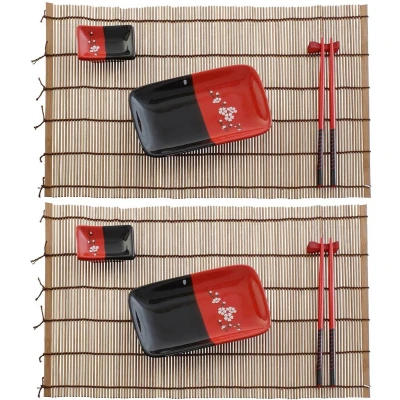 Afbeelding van 10 delige sushi serveer set keramiek voor 2 personen zwart/rood Bordjes