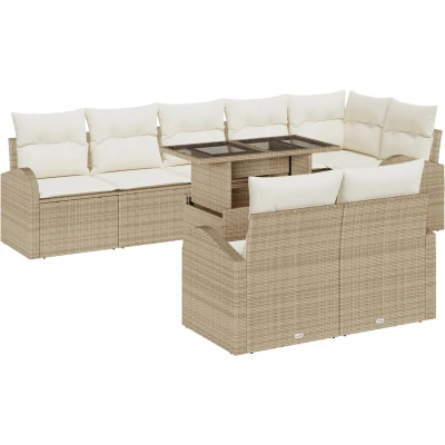 Afbeelding van vidaXL 9 delige tuinsofa set met kussens Beige Poly Riet