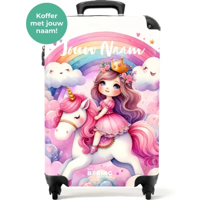Afbeelding van NoBoringSuitcases.com® Kinderkoffer meisjes Roze koffer Reiskoffer met eenhoorn gepersonaliseerd Kindervalies Unicorn trolley handbagage lichtgewicht Past binnen 55x40x20 en 55x35x25