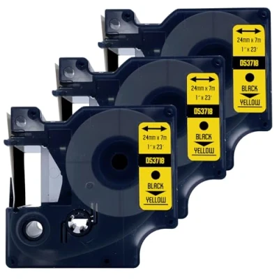 Afbeelding van DULA Dymo D1 53718 S0720980 Compatible label tape 3 lettertapes Zwart op geel 24mm x 7m