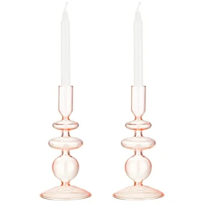 Afbeelding van Navaris Set van 2 glazen kaarsenhouders 2x decoratieve kaarsenstandaard Duo Kandelaars glas 18cm roze