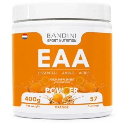 Afbeelding van Bandini® EAA essentiële aminozuren in poeder 400 g Sinaasappelsmaak Optimale aminozuurverhouding Suikervrij veganistisch supplement Drank met 9