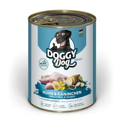 Afbeelding van DOGGY Dog Paté kip en konijn, 6 x 800 g, nat voer voor honden, graanvrij hondenvoer met zalmolie groenlipmossel, compleet zoete aardappel courgette, Made in Germany