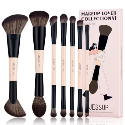 Afbeelding van Jessup Make up kwastenset 14 in 7 Dubbelzijdige kwasten voor Fundering,Concealer, Blush, Oogschaduw, Contouren, Bronzer, Poeder, Blending,Gezichts en Oogmake upbrostels,Peach Dust T600