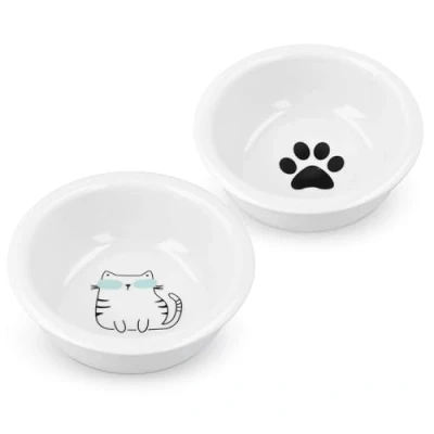 Afbeelding van Navaris voerbakjes voor katten Set van 2 voer en waterbakken Etensbak porselein Met ontwerp Wit