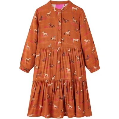 Afbeelding van Kinderjurk met paardenprint 92 cognackleurig
