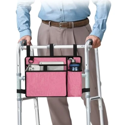 Afbeelding van supregear Accessoires Tas voor Rollator, Rolstoel, Walker Mand met Bekerhouder Senioren Caddy Bevestiging Zak Rollators, Waterbestendig Grote Capaciteit Draagtas (Roze)