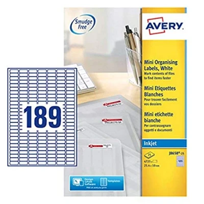 Afbeelding van AVERY J8658 25 Zelfklevende Mini Archiveringslabels, 189 Etiketten Per A4 Vel, Wit