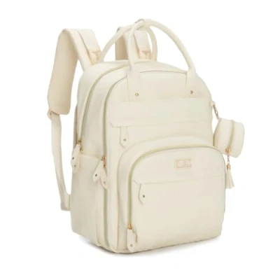 Afbeelding van BabbleRoo Leren luiertas rugzak Baby Essentials Travel babytas, multifunctioneel, waterdicht, met aankleedkussen, kinderwagenriemen en fopspeenetui, uniseks, eierschaalwit
