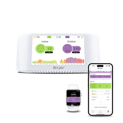 Afbeelding van IQAir binnenluchtkwaliteitsmeter [PM2.5 fijnstof, CO2 meter met stoplicht, AQI, temperatuur ,weerstandsmeter], slanke luchtkwaliteitsmeter [Wi Fi,WLAN, app, 5&quot;display (12,7cm)] (AirVisual Indoor)