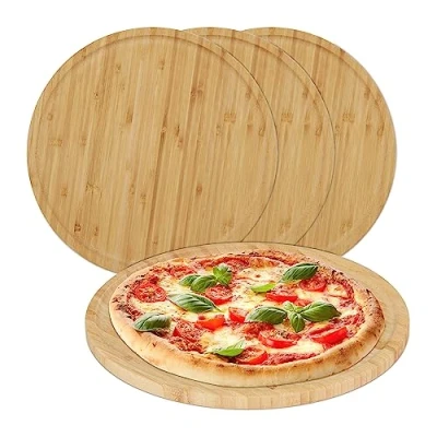 Afbeelding van Relaxdays bamboe pizzaplank set van 4 rond pizzabord 32 cm pizza dienblad kaas