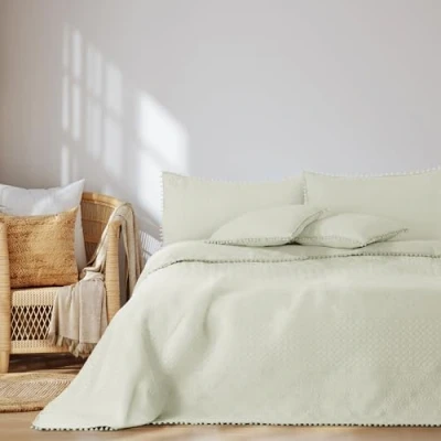 Afbeelding van AmeliaHome Sprei met pompons 260x280 cm bedsprei dubbelzijdig ultrasoon stiksel polyester Meadore crème