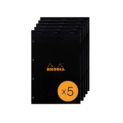 Afbeelding van RHODIA 201009Cpack Notitieblok nr. 20 zwart A4 grote Seyès ruitjes 80 afneembare vellen perforatie 4 gaten wit Clairefontaine papier g/m² pak van 5 blokken