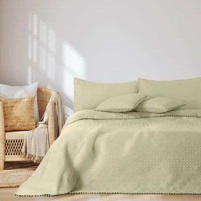 Afbeelding van AmeliaHome Sprei met pompons 260x280 cm bedsprei dubbelzijdig ultrasoon stiksel polyester Meadore beige