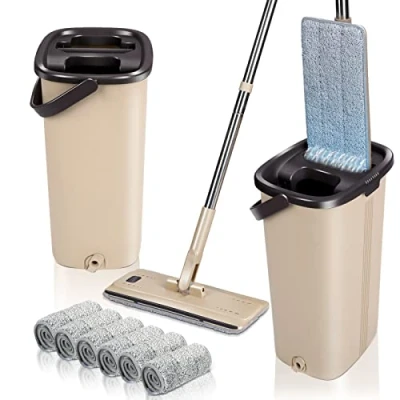 Afbeelding van Masthome Microvezel dweil en afdruipemmer, platte mop 360 graden draaibaar, met dubbele emmer 6 herbruikbare dweilreserveonderdelen voor het reinigen van droge natte vloeren