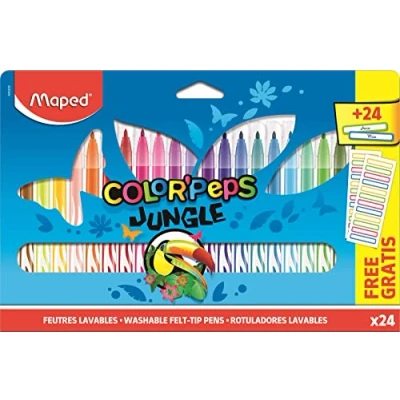 Afbeelding van Maped Jungle Color&#039;Peps 24 viltstiften om in te kleuren voornaam etiketten afwasbaar en geschikt voor de droger ideaal eerste schooldag kartonnen zak