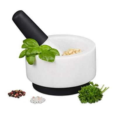 Afbeelding van Relaxdays vijzel met stamper marmer mortier siliconen keukenstamper mortel wit