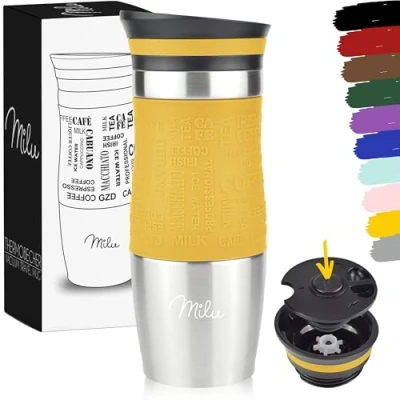 Afbeelding van Milu Thermosbeker 370ml 450ml Geïsoleerde mok Koffiemok voor onderweg 100% lekvrij Roestvrijstalen drinkmok Automok dubbele wand isolatie Thermo Reismok ( mango, 370 ml).