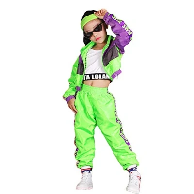 Afbeelding van LOLANTA 3Pcs Meisjes Hip Hop Kleding Set, Kids Street Dance Outfit, Bijgesneden Tank Top, Fluorescerende Groene Jas &amp; Jogger Broek, Groen, 4 5 jaar