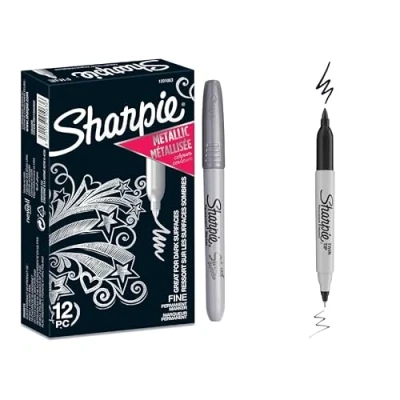 Afbeelding van Sharpie Metallic Permanente Markers Zilver Fijne punt 12 Count + 1 Twin Tip Zwart