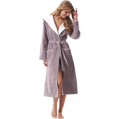 Afbeelding van Morgenstern dames sauna badjas met capuchon van puur velour katoen grijs beige XL