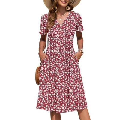 Afbeelding van AUSELILY Zomerjurk met korte mouwen voor dames, knopen, knielang, Empire casual jurk zakken, Rood, S