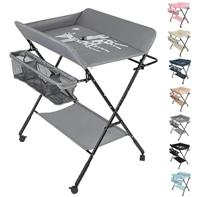 Afbeelding van Babyverschoontafel, opvouwbare commode, mobiele commode met aankleedkussen, veiligheidsgordel en opbergvakken (A,74 * 63 92 98CM/grijs)