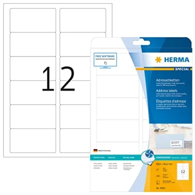 Afbeelding van HERMA 8842 adreslabels voor inkjetprinters A4 (88,9 x 46,6 mm, 25 velles, papier, mat) zelfklevend, bedrukbaar, permanente Klevende adresstickers, 300 etiketten printer, wit