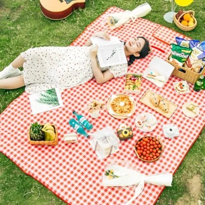 Afbeelding van TFSZE picknickdeken 300 cm x 200 cm, opvouwbare strandmat, draagbare met handvat, wasbare picknickmat rode plaid, geschikt voor wandelen, reizen, kamperen, parken