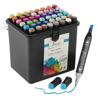 Afbeelding van Nassau Fine Art Dual marker stiften met 48 kleuren dubbelzijdige kleurpunt grove brush voor concepten en strips, fijne borstel schetsen, kalligrafie, tekenen illustreren