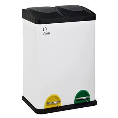Afbeelding van SVITA TC2X20 keukenemmer 40 liter inhoud 2 x 20 l afvalemmer vuilnisemmer afvalscheiding pedaalemmer staal wit