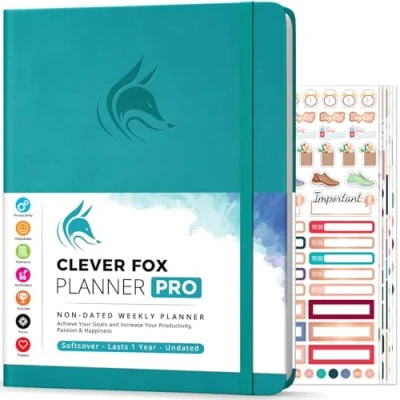 Afbeelding van Clever Fox Planner PRO Wekelijkse &amp; maandelijkse Life om de productiviteit, het tijdmanagement en behalen van uw doelen te verhogen Organizer, Ongedateerd, A4 Formaat Turkoois