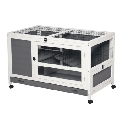 Afbeelding van PawHut Konijnenkooi op wielen, konijnenhok, van hout, konijnenvilla met schuifblad, afsluitbare deur, open top, 102 x 60 63,5 cm, grijs