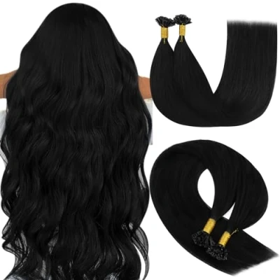 Afbeelding van YoungSee Bonding haarextensies, van echt haar, zwart, 40 cm, glad, U tip, glanzend, keratine bondings, hot fusion, 1 g/s, 50 g, stuks, #1