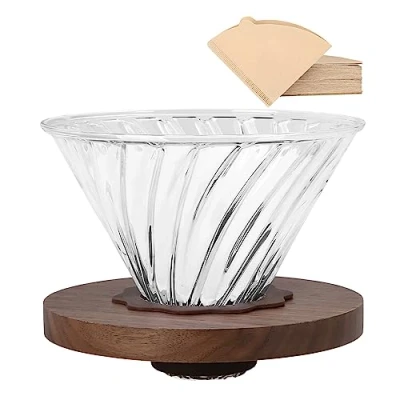 Afbeelding van Lalord Pour Over Koffiedruppelaar met 100 Stuks Papierfilter, Walnoothandvat en Borosilicaatglas, Houd voor 1 4 Kopjes