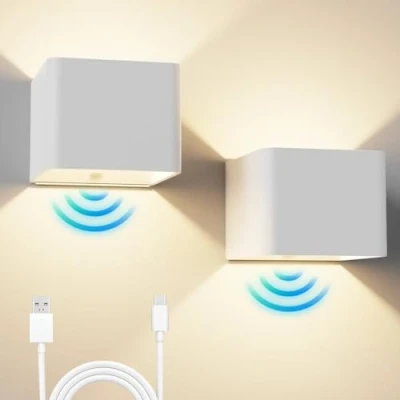 Afbeelding van WRMING Wandlamp voor binnen, met bewegingsmelder, led wandlamp, zonder boren en stroomaansluiting, moderne design, wit, ganglamp, oplaadbaar, warmwit, 2 stuks