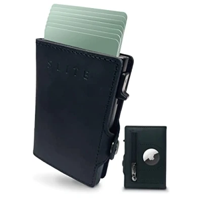 Afbeelding van SLITE AirTag Smart Wallet Kaarthouder met kaartsleuven, RFID en NFC bescherming, kleine portemonnee muntvak bankbiljettenklem voor dames heren, Vintage mat zwart, Minimalistisch