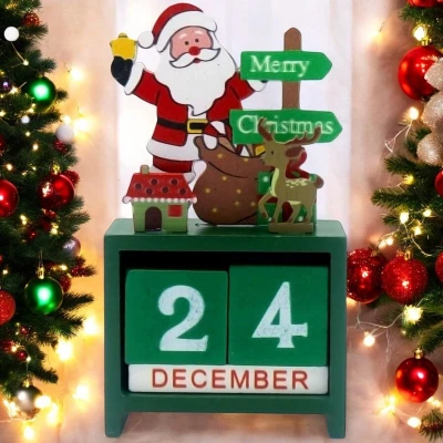 Afbeelding van Houten kerstkalender met kerstman groen Kerstdecoratie