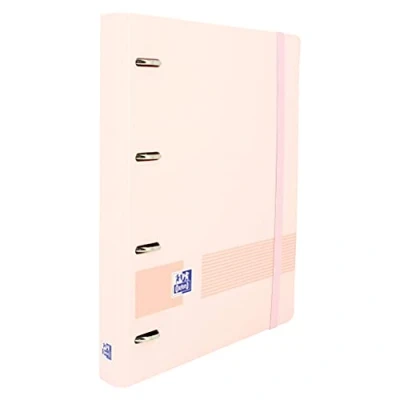 Afbeelding van Oxford Live &amp; Go Ordner met 4 ringen van polyfoam vulling en rubber, maat A4+, afneembaar bord, stickervel, reserverestjes 5 gekleurde linten x geruit, pastelroze
