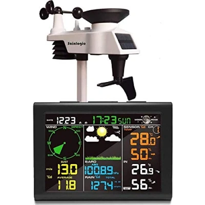 Afbeelding van Sainlogic draadloos weerstation met buitensensor, 8 in 1 weersvoorspelling, temperatuur, luchtdruk, luchtvochtigheid, windmeter, regenmeter, maanzin, wekker (zwart)