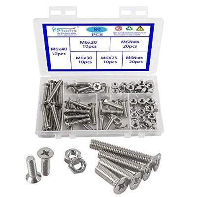 Afbeelding van Rshuhx 80 STKS M6 Cross Verzonken 304 Roestvrij Staal Machineschroeven Bouten en Moeren Platte Kop Phillips Schroef Bevestiging Reparatie Tools Assortiment Kit voor Babybed Hoofdeinden Stoelen Meubels