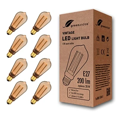 Afbeelding van 8x greenandco® Vintage Design LED lamp in retro stijl voor sfeerverlichting E27 ST64 Edison lamp, 4W 200lm 1800K extra warm wit 320 230V flikkervrij, niet dimbaar