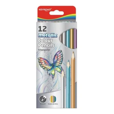Afbeelding van KEYROAD, 971756, kleurpotloden AA8Metallic hoge kwaliteit/driehoekige vorm 12 stuks kartonnen etui/gemengde kleuren/volwassenen en kinderen/zacht grafiet schacht van hout