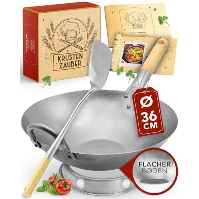 Afbeelding van KRUSTENZAUBER 36 cm wokpan inductie platte bodem Traditionele stalen Wok met wokdraaier en wokring inductie, elektrisch, gas fornuis
